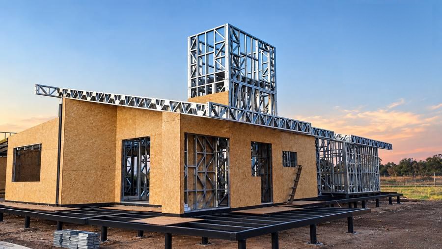 Casa Steel Frame en construcción: estructura de perfiles de acero y placas