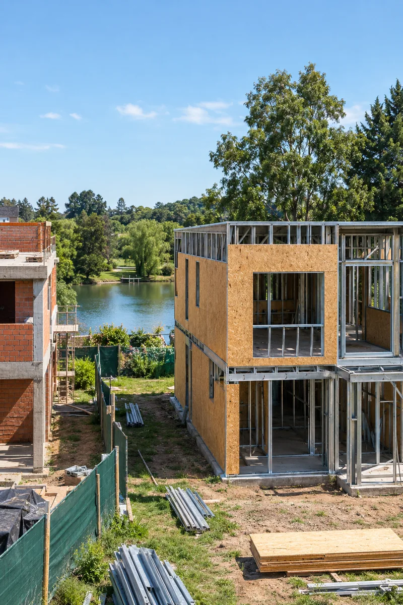 Obra en Steel Frame con estructura de perfiles de acero y placas OSB frente a un lago