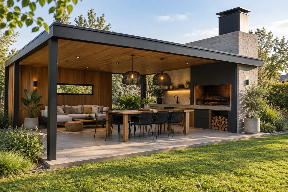 Quincho con parrilla y galería cubierta, espacio exterior en Steel Frame